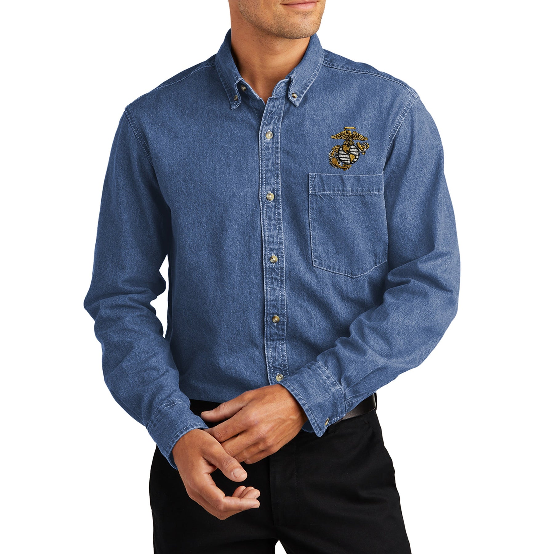 Marines Big EGA Embroidered Dark Denim Button Up